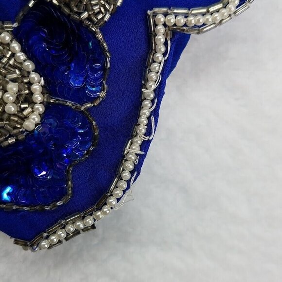 Vintage 2 Piece Silk Blouse Skirt Set Size 10 Blue Silver Beaded Shoulder Pads - Picture 8 of 12